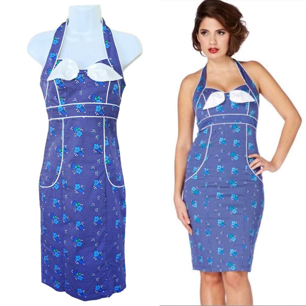VooDoo Vixen Marcia Blue Floral Pencil Dress Retro Halter XS/S Pinup Rockabilly